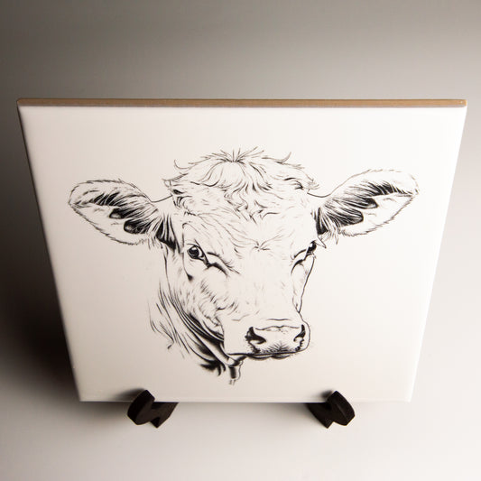 Charolais Cow Ceramic Decorative Tile with Stand – Rustic Farm Decor