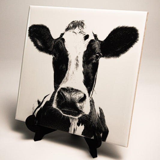 Holstein Ceramic Plate with Matte Black Stand – Rustic Farm Decor